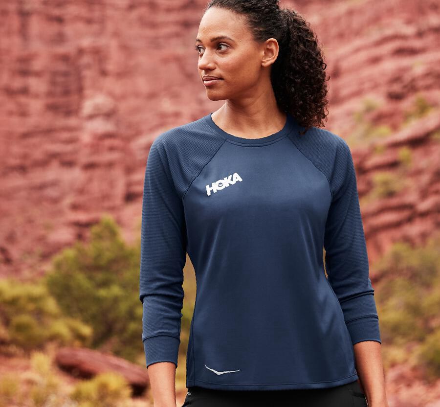 Hoka One One Tops Womens Navy - Performance 3/4 Sleeve - 78503YKPU